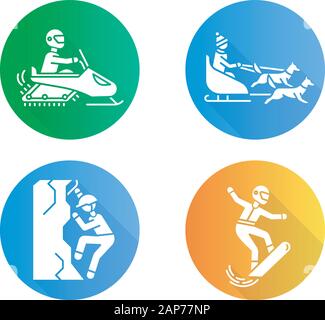 Extreme winter activity flat design long shadow glyph icons set. Risky sport, adventure. Cold season outdoor leisure. Snowboarding, ice climbing, snow Stock Vector
