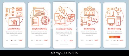Non-functional software testing orange onboarding mobile app page screen vector template. Usability. Walkthrough website steps with linear illustratio Stock Vector