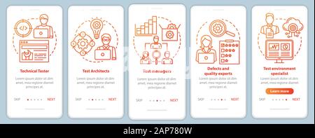Software testing roles orange onboarding mobile app page screen vector template. Qulity control experts. Walkthrough website steps with linear illustr Stock Vector