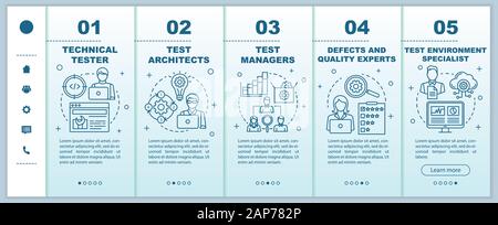 Software testing roles onboarding mobile web pages vector template. IT analysts. Responsive smartphone website interface idea with linear illustration Stock Vector