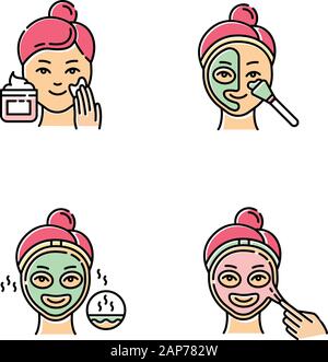 Skin care procedures color icons set. Applying exfoliating cream. Using thermal mask to open up pores. Liquid mask for facial treatment. Female beauty Stock Vector