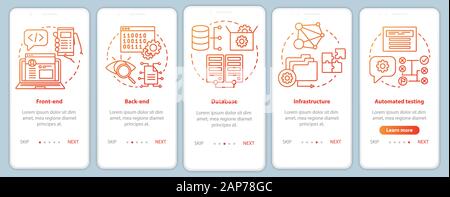 Front-end, back-end development onboarding mobile app page screen vector template. App programming. Walkthrough website steps with linear illustration Stock Vector
