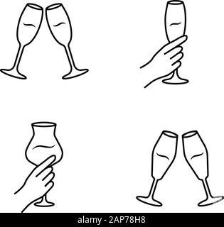 Wine service linear icons set. Clinking champagne glasses. Hands holding alcohol drinks. Celebration. Cheers. Toast. Thin line contour symbols. Isolat Stock Vector