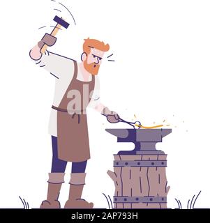 Medieval blacksmith flat vector illustration. Smith working with hammer and anvil isolated cartoon character with outline elements on white background Stock Vector