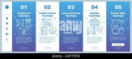 Usability testing blue onboarding mobile web pages vector template. Responsive smartphone website interface idea with linear illustrations. Webpage wa Stock Vector
