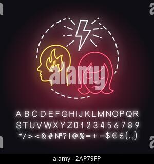 No trust neon light concept icon. Lack of confidence with partner. Distrust. Lost faith. Trouble relationship idea. Glowing sign with alphabet, number Stock Vector