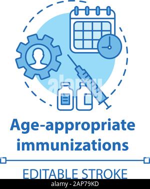 Age appropriate immunizations concept icon. Vaccination schedule idea thin line illustration. Healthcare, syringe, medicare. Medication timing. Vector Stock Vector