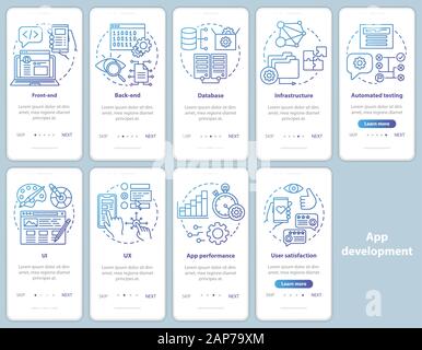 Application development onboarding mobile app page screen vector template. Software programming. Walkthrough website steps with linear illustrations. Stock Vector