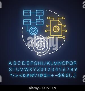 Reusable business logic neon light concept icon. Software development kit idea. Corporate strategy. Program developer. Glowing sign with alphabet, num Stock Vector