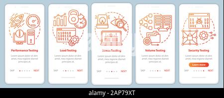 Non-functional software testing orange onboarding mobile app page screen vector template. Program analysis. Walkthrough website steps with linear illu Stock Vector