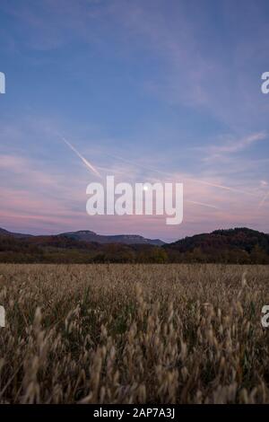 Moon rising over a field in bulgaria at sunset Stock Photo