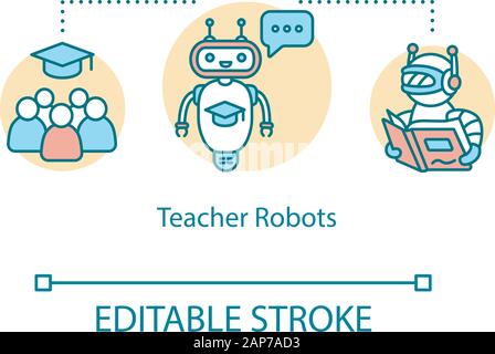 Teacher robots concept icon. Futuristic machine studying. Android tutor. Artificial intelligence working in education idea thin line illustration. Vec Stock Vector