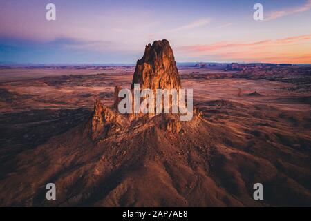 Aerial view of Agathla Peak in the morning from above, Arizona Stock Photo