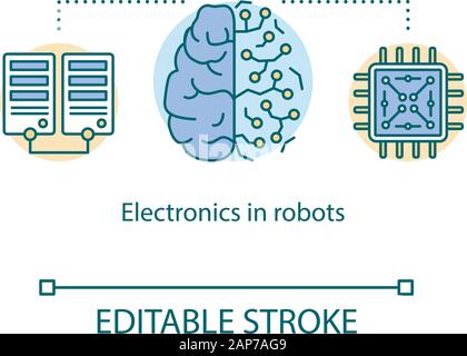 Electronics in robots concept icon. Biorobotics. Neural network and microchips. Copying human brain for creating AI idea thin line illustration. Vecto Stock Vector