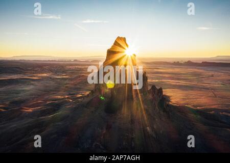 Aerial view of Agathla Peak in the morning from above, Arizona Stock Photo