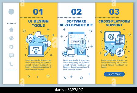 Software development onboarding mobile web pages vector template. Responsive smartphone website interface idea with linear illustrations. Webpage walk Stock Vector
