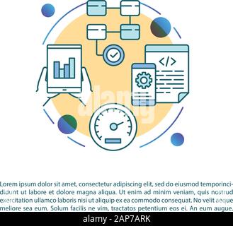 Software testing article page vector template. Mobile application. Coding. App development. Brochure, magazine, booklet design element with linear ico Stock Vector