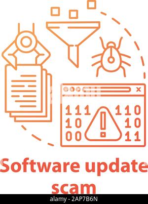 Software update scam concept icon. Computer hacking attack danger. Data theft. Software bugs and viruses. Cybercrime idea thin line illustration. Vect Stock Vector