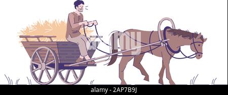 Medieval peasant riding horse cart flat vector illustration. Farmer with animal isolated cartoon characters with outline elements on white background. Stock Vector