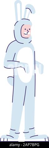 Man dressed in bunny costume flat vector illustration. Person dressing like animal. Guy in Halloween party rabbit outfit cartoon character with outlin Stock Vector