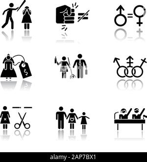 Gender equality drop shadow black glyph icons set. Violance against woman. Gender stereotypes. Bride price. Forced sterilization. Politic rights. Fema Stock Vector