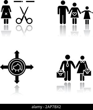 Gender equality drop shadow black glyph icons set. Forced sterilization. Woman's freedom of movement. Equal employment rights for woman and man. Famil Stock Vector