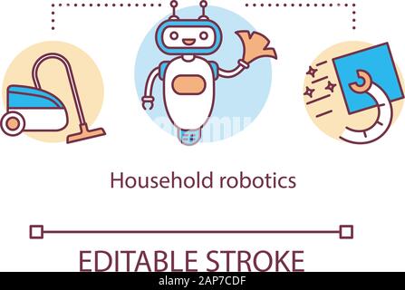 Household robotics concept icon. Domestic indoor robot. Automatic house cleaner. Electronic housekeeping device idea thin line illustration. Vector is Stock Vector