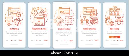 Functional software testing orange onboarding mobile app page screen vector template. Progam analysis. Walkthrough website steps with linear illustrat Stock Vector