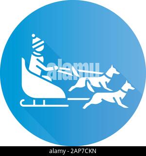 Dog sledding blue flat design long shadow glyph icon. Winter extreme sport, risky activity. Sleigh riding. Cold season outdoor leisure. Group of husky Stock Vector
