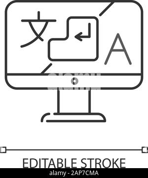 Language translation service linear icon. Desktop online dictionary. Instant machine translator application. Thin line illustration. Contour symbol. V Stock Vector