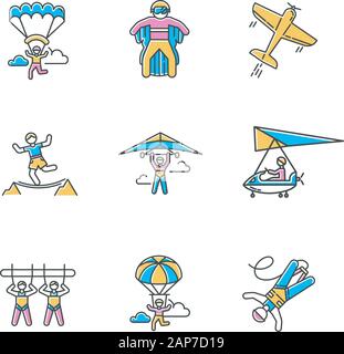 Air extreme sports color icons set. Skydiving, parachuting, hang gliding, wingsuiting. Aerobatics, highlining, paragliding. Giant swing, bungee jumpin Stock Vector