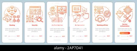 Mobile software development onboarding mobile app page screen vector template. App programming. Walkthrough website steps with linear illustrations. U Stock Vector