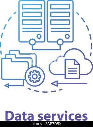 Data services concept icon. Managing user information idea thin line illustration. Databases and data servers. Files uploading on cloud. Application m Stock Vector