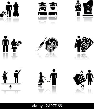 Gender equality drop shadow black glyph icons set. Forced marriage. Education equality. Maternity mortality. Child marriage. Female economic activity. Stock Vector