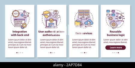 Software development onboarding mobile app page screen with linear concepts. Integration with back-end walkthrough 4 steps graphic instructions. UX, U Stock Vector