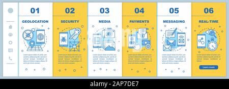 App development onboarding mobile web pages vector template. Media, security. Responsive smartphone website interface idea with linear illustrations. Stock Vector