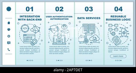 Integration with back-end onboarding mobile web pages vector template. Responsive smartphone website interface idea with linear illustrations. Webpage Stock Vector