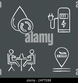 Apartment amenities chalk icons set. Water filtration, car charging station, coworking space, smoking allowed. Comfortable house. Residential services Stock Vector