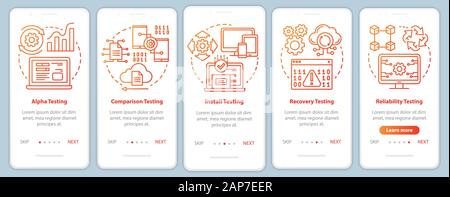 Software performance testing orange onboarding mobile app page screen vector template. Quality control. Walkthrough website steps with linear illustra Stock Vector