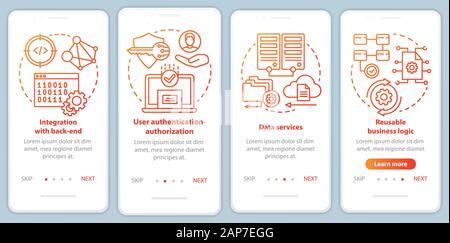 Software development onboarding mobile app page screen vector template. Application programming. Walkthrough website steps with linear illustrations. Stock Vector