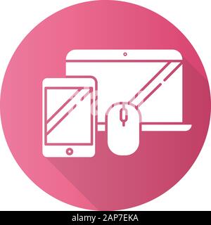 Electronics and accessories pink flat design long shadow glyph icon. Smartphone and laptop. Computers and devices. E commerce department, online shopp Stock Vector