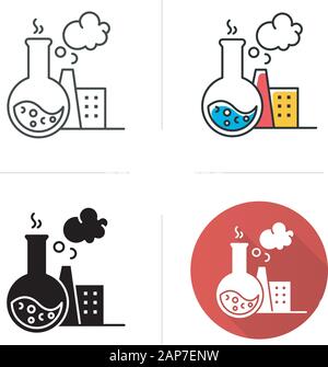 Chemical industry icon. Synthetic materials researching, production. Industrial chemicals producing. Flask, smoking plant. Flat design, linear and col Stock Vector