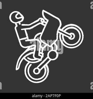 Motorcycling chalk icon. Track, road rally, speedway, motocross racing. Person performing motorbiking stunt. Extreme sport. Isolated vector chalkboard Stock Vector