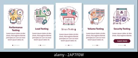 Non-functional software testing onboarding mobile app page screen with linear concepts. Program quality analysis walkthrough steps graphic instruction Stock Vector