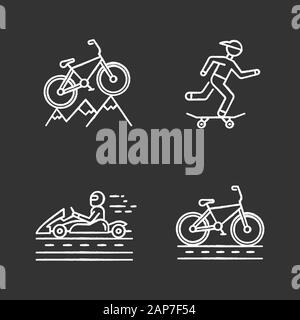 Extreme sports chalk icons set. Mountain cycling. Cross-country, downhill biking. Skateboarding. Karting, open-wheel motorsport. Cycling, bicycle raci Stock Vector