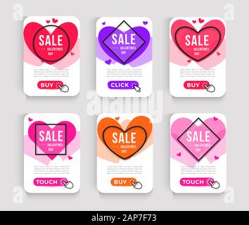 Set of Valentines Day Sale Posters. Web banner design with hearts icon, geometric linear borders and click buttons. Vector advertising graphic, EPS10. Stock Vector