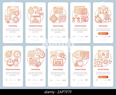 Software testing orange onboarding mobile app page screen vector template. Performance analysis. Walkthrough website steps with linear illustrations. Stock Vector
