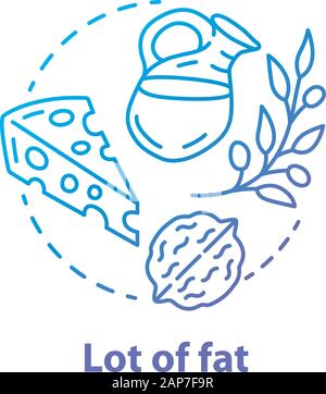 Lot of fat blue gradient concept icon. Keto diet idea thin line illustration. Ketogenic nutrition. Variety of healthy fats. Cheese, olive oil, nut. Fo Stock Vector
