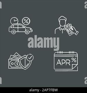 Credit chalk icons set. Car credit with interest rate. Borrow, loan money. Give, take cash. Pay for insurance. Annual percentage rate report. APR calc Stock Vector