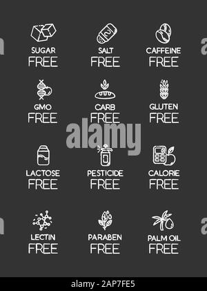 Product free ingredient chalk icons set. No lectine, paraben, gmo, gluten. Organic food, healthy eating. Low calories meals. Dietary without sweetener Stock Vector